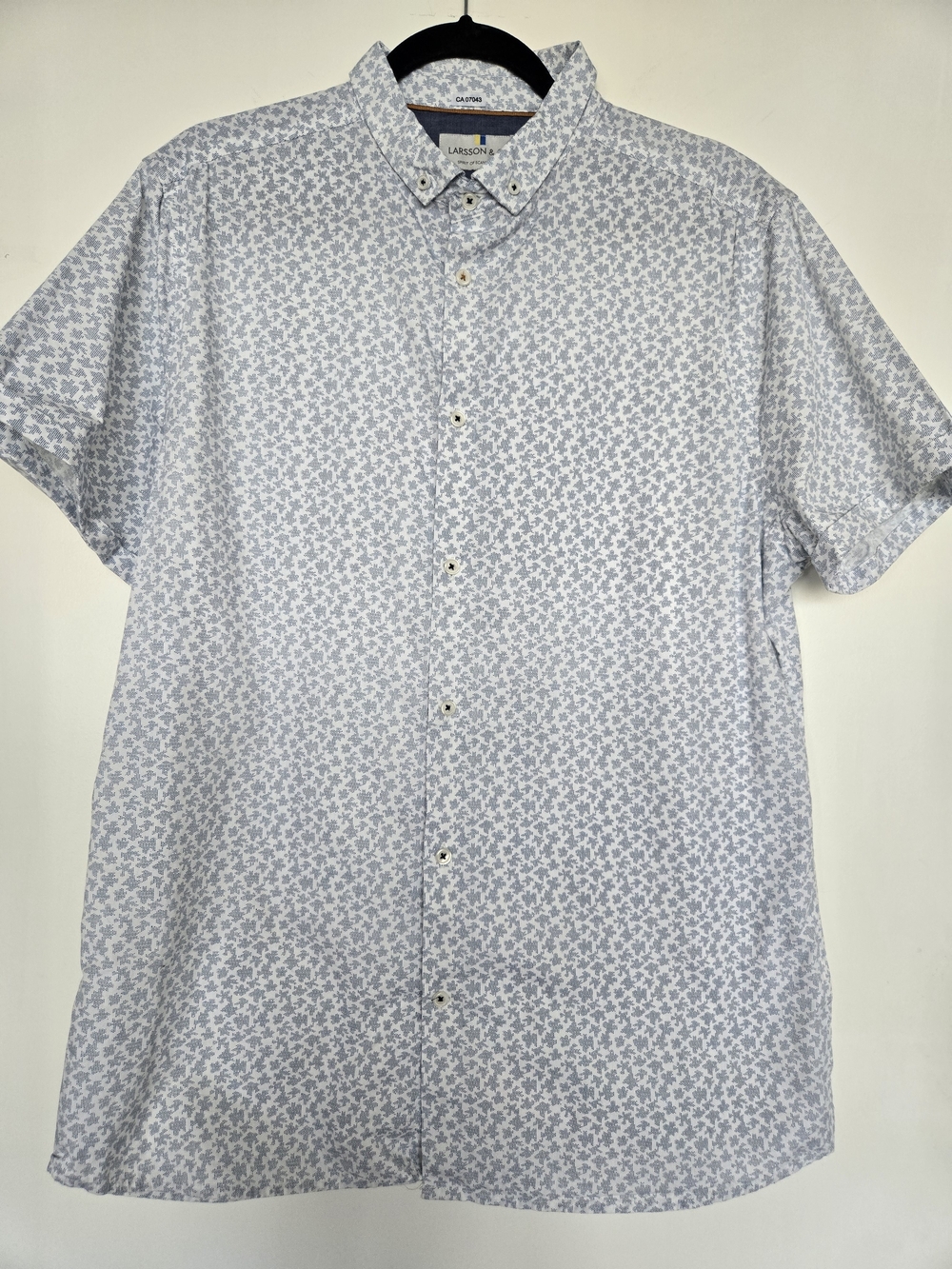 Larsson & Co Blue White Micro Print Short Sleeve Cotton Button Down Shirt L